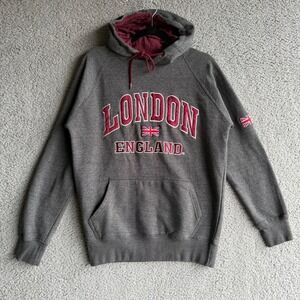 London England Union Jack Hoodie Mens Large Charcoal Grey Raglan Sweatshirt